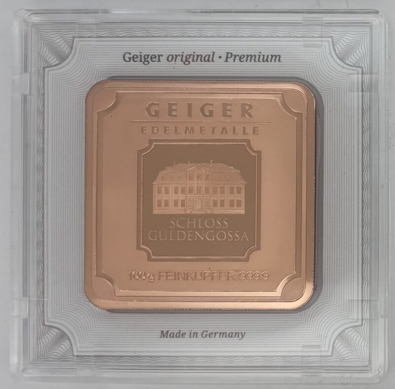 Geiger 100g Copper Bar in Assay (Front) Geiger 100g Copper Bar in Assay Front